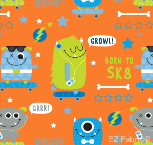 sk8 Monster Orange  Print on Minky by EZ Fabric 